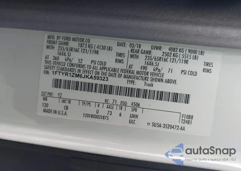 2018 Ford Transit-250 из США, поврежденный, VIN 1FTYR1ZM6JKA59323